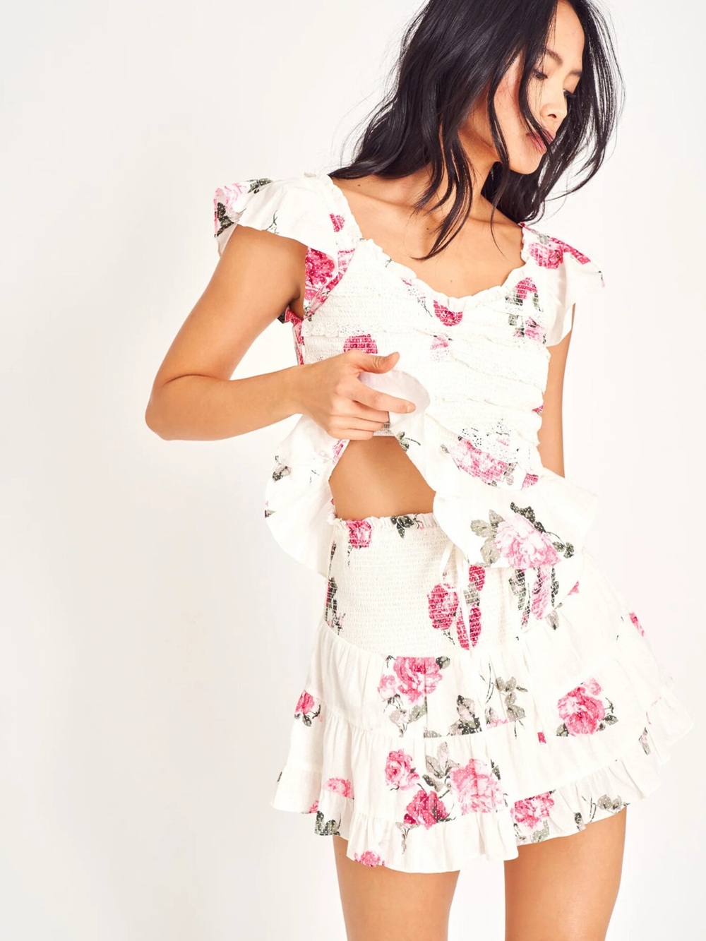 LoveShackFancy Aldana 100% Cotton Smocked Tier Mini Skirt Rose Floral Pink White